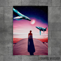 Whales flying in night sky