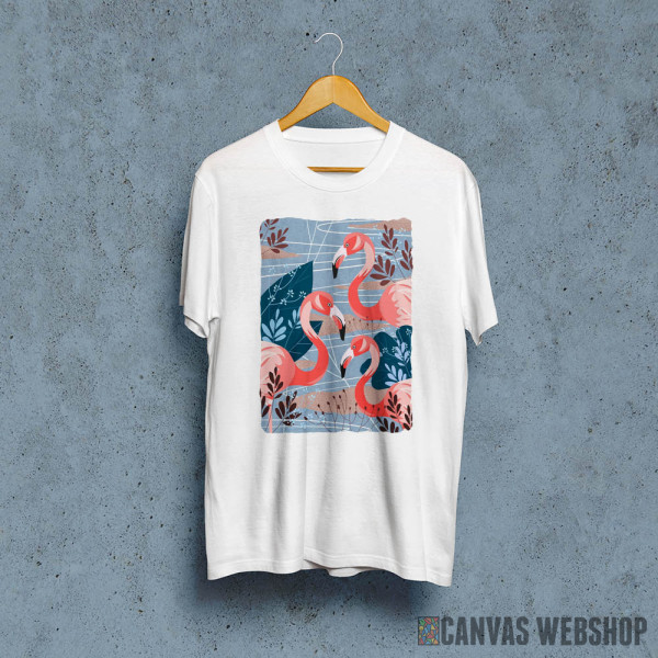 Flamingos with leaves